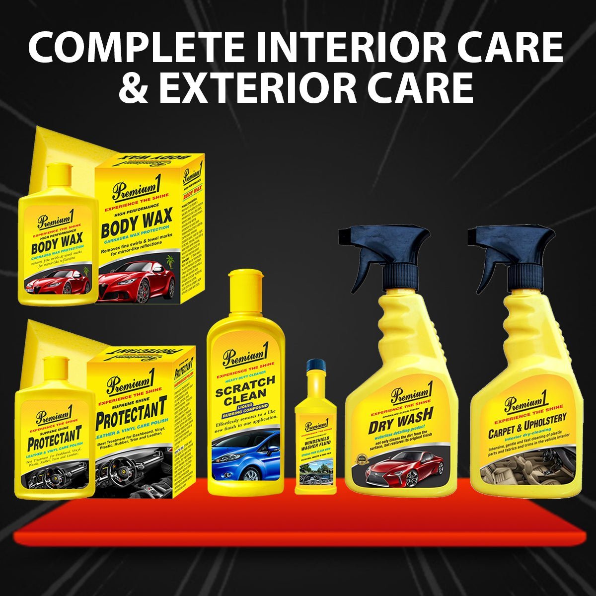 Protectant(150ml)+Body wax(150ml)+ Carpet & upholstery(500ml)+Dry wash(500ml)+ Wiper fluid(60ml)+ Scratch Remover(200ml) - Premium1